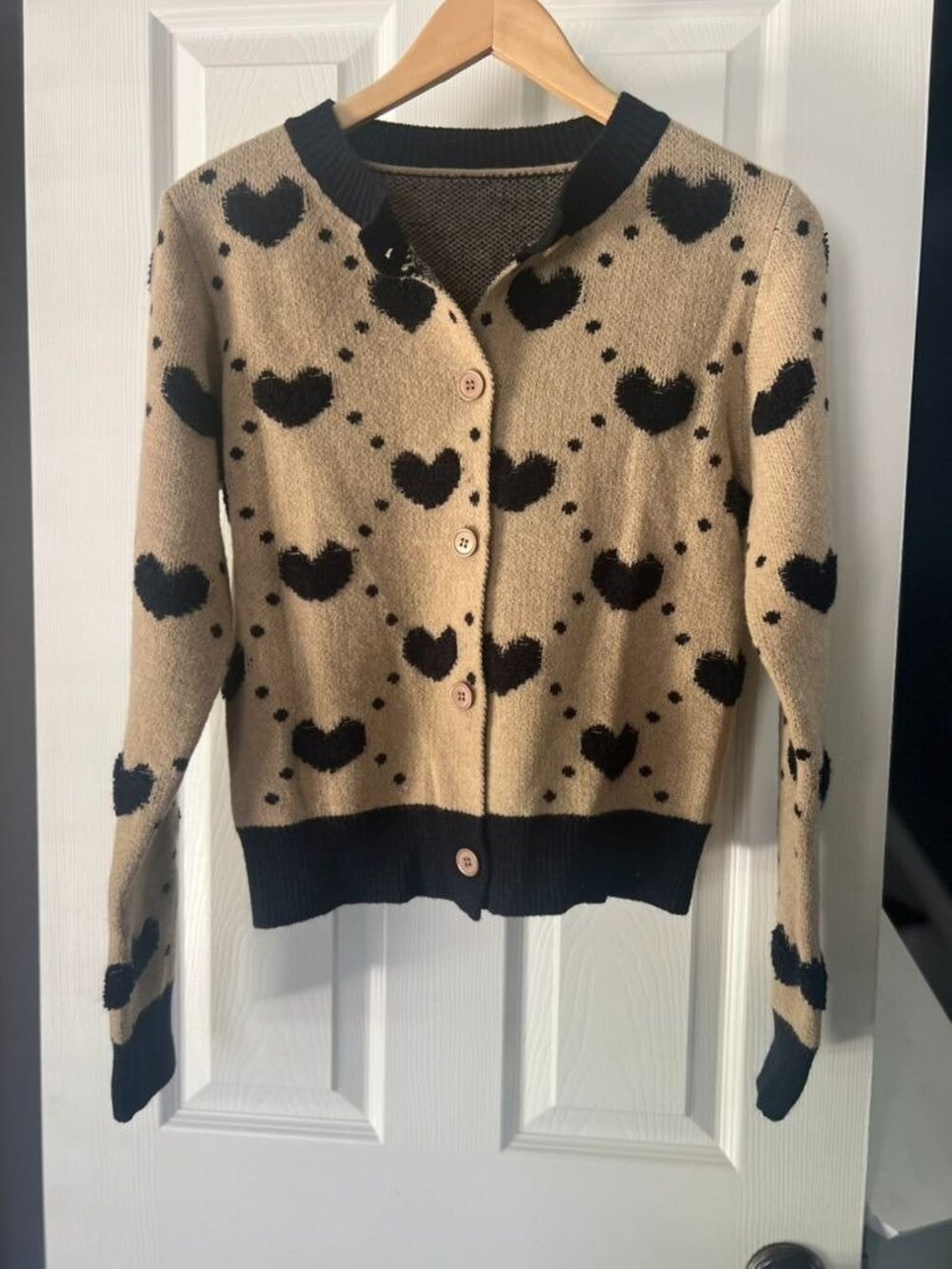Shein Womens Heart Cardigan Size Small Tan Black Heart Button Front Sweater